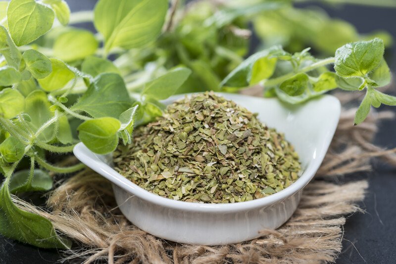 closeup image of a white dish full of dried oregano on a piece of burlap sack with fresh oregano at the back