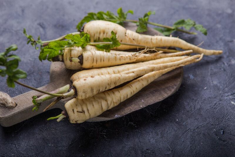 on a dark surface are whole parsnips with a few sprig of cilantro, resting on a chopping board