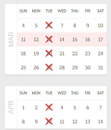 calendar with red x's showing meals not being delivered for subsequent weeks