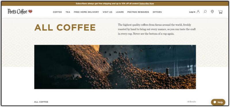 peet's coffee home page screenshot 