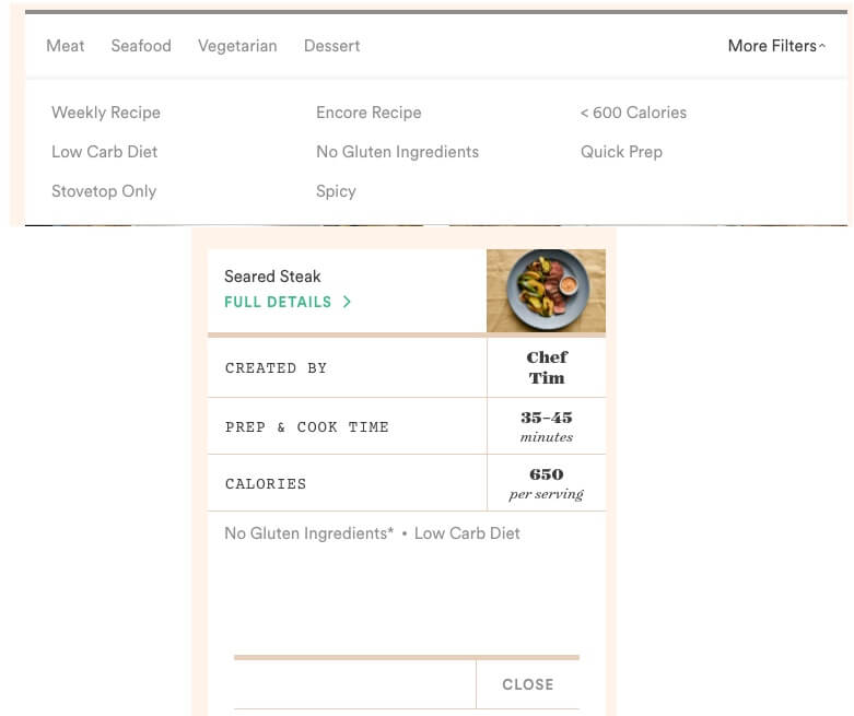 details about calorie count and food allergens in plated meals