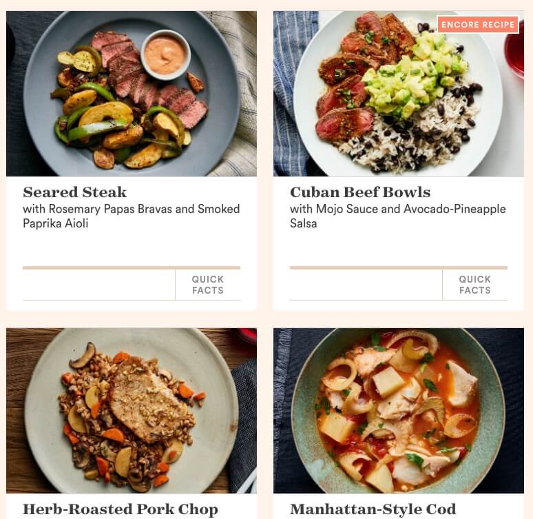 four meal options to choose from including pork chops, steak, and cod