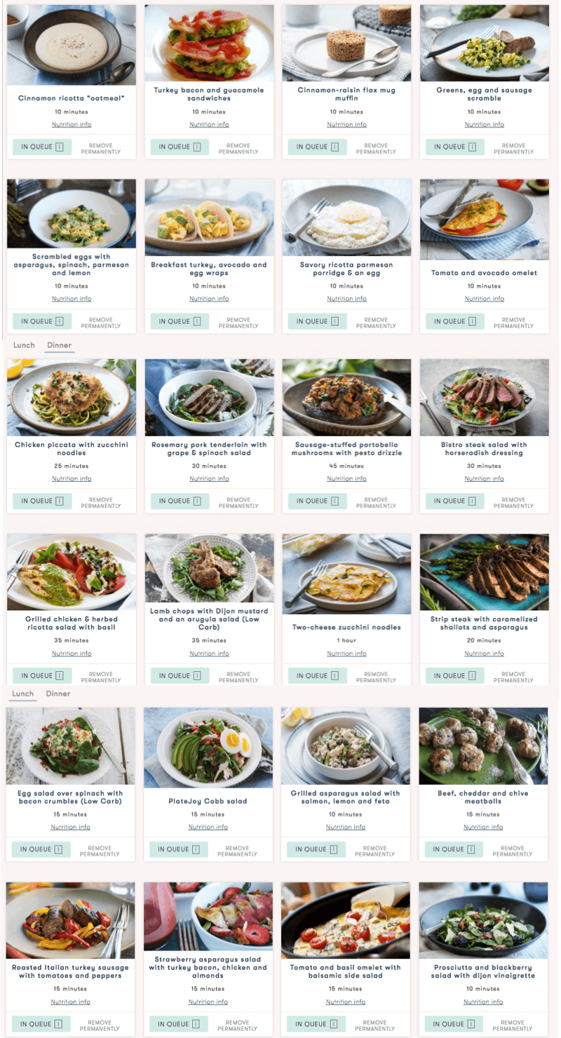 big list of meals from platejoy they all look delicious