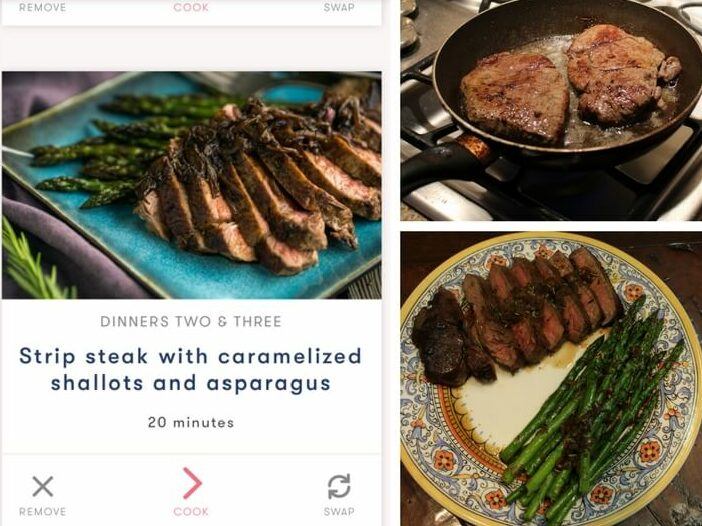 Image of "strip steak" with caramelized onions and asparagus