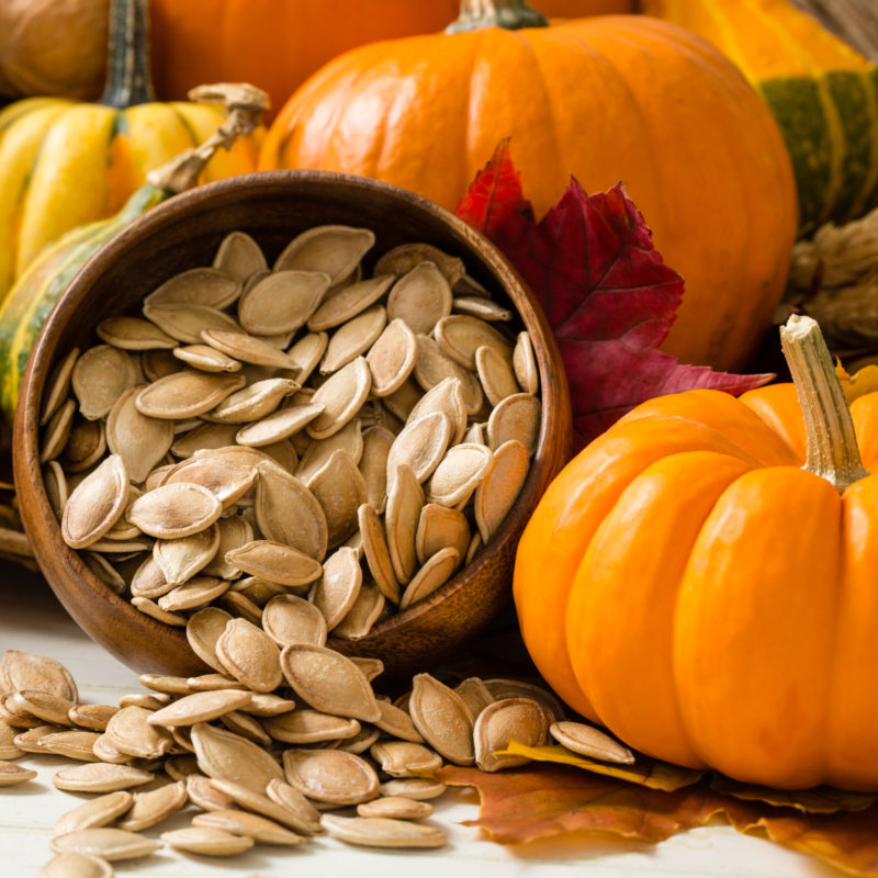 pumpkin seeds on a wooden bowl | Food For Net pumpkin seeds overflowing from a wooden bowl with fresh pumpkins at the background