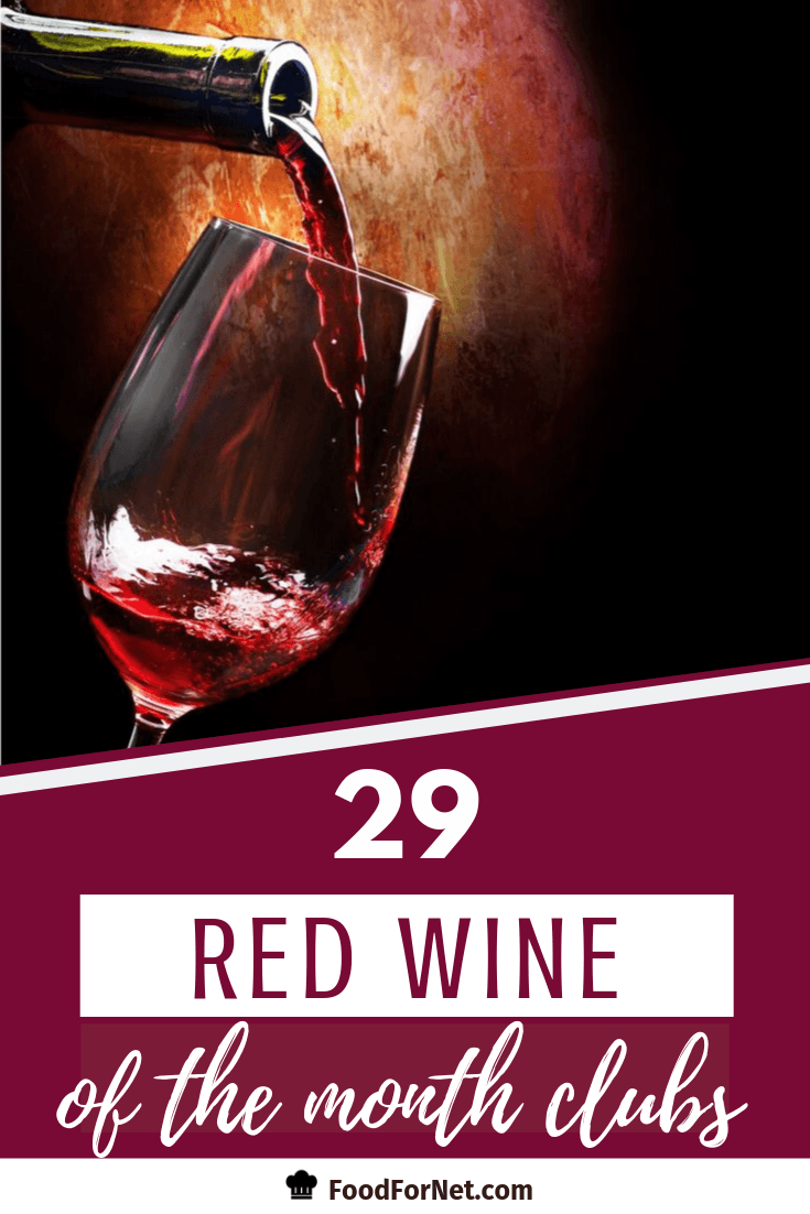 red wine pouring into a tilted wine glass with dark background and text "red wine of the month clubs"