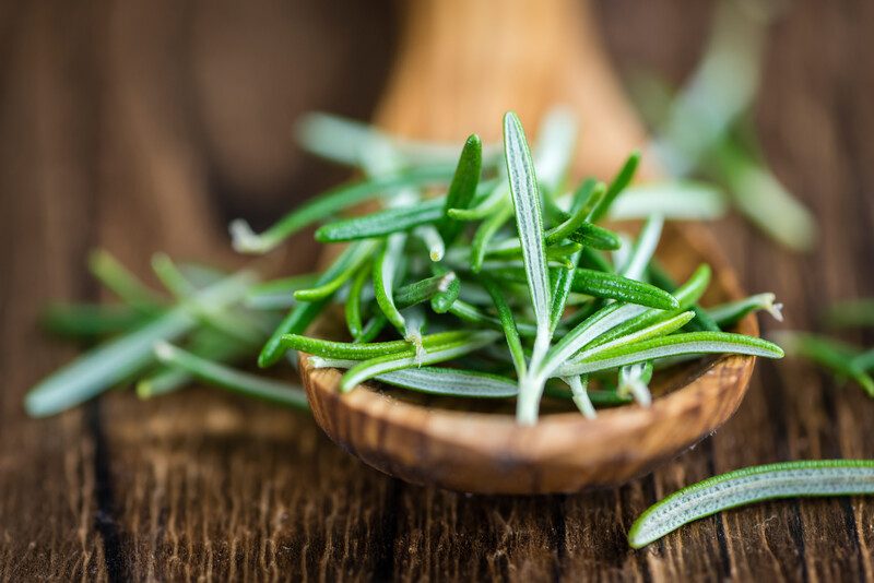 macro shot of fresh rosemary on a wooden ladle resting on a dark wooden surface