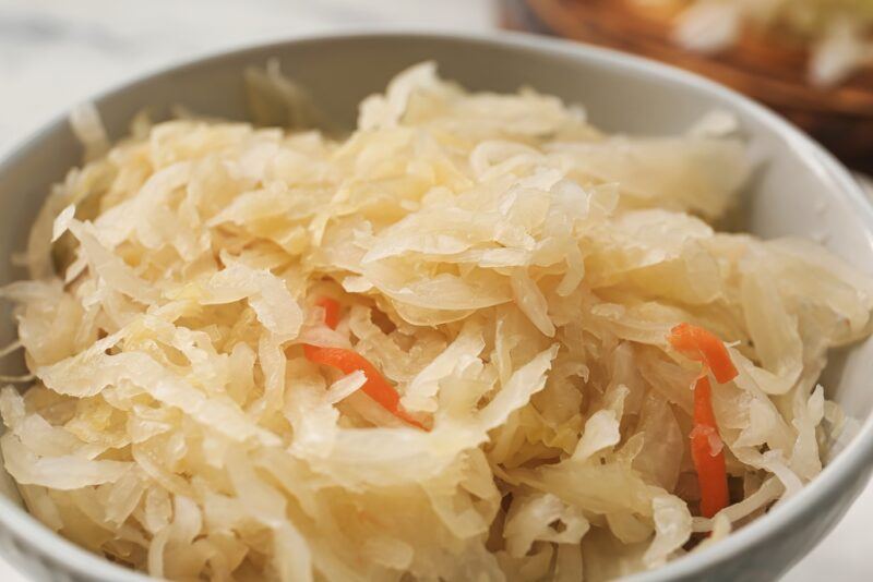 close up image of a bowl with sauerkraut 