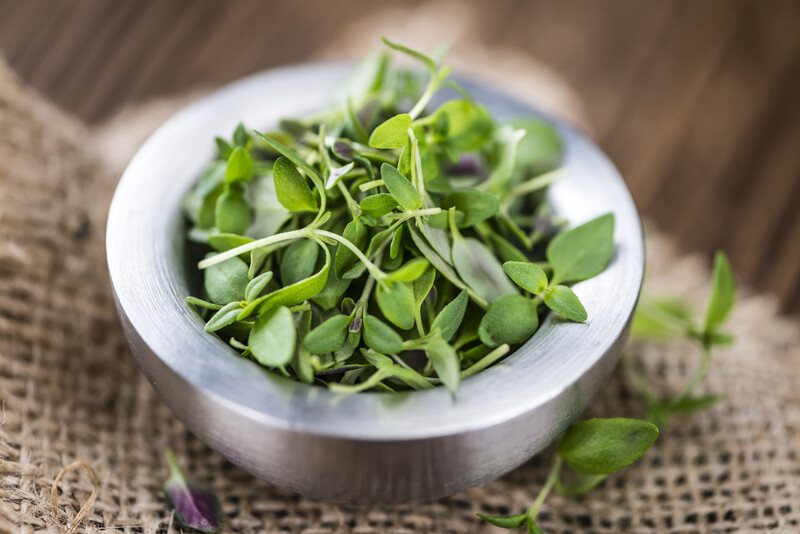 on a wooden surface is a closeup image of a metal mortar without the pestle with burlap underneath it, it's full of fresh thyme, with loose fresh thyme around it, too