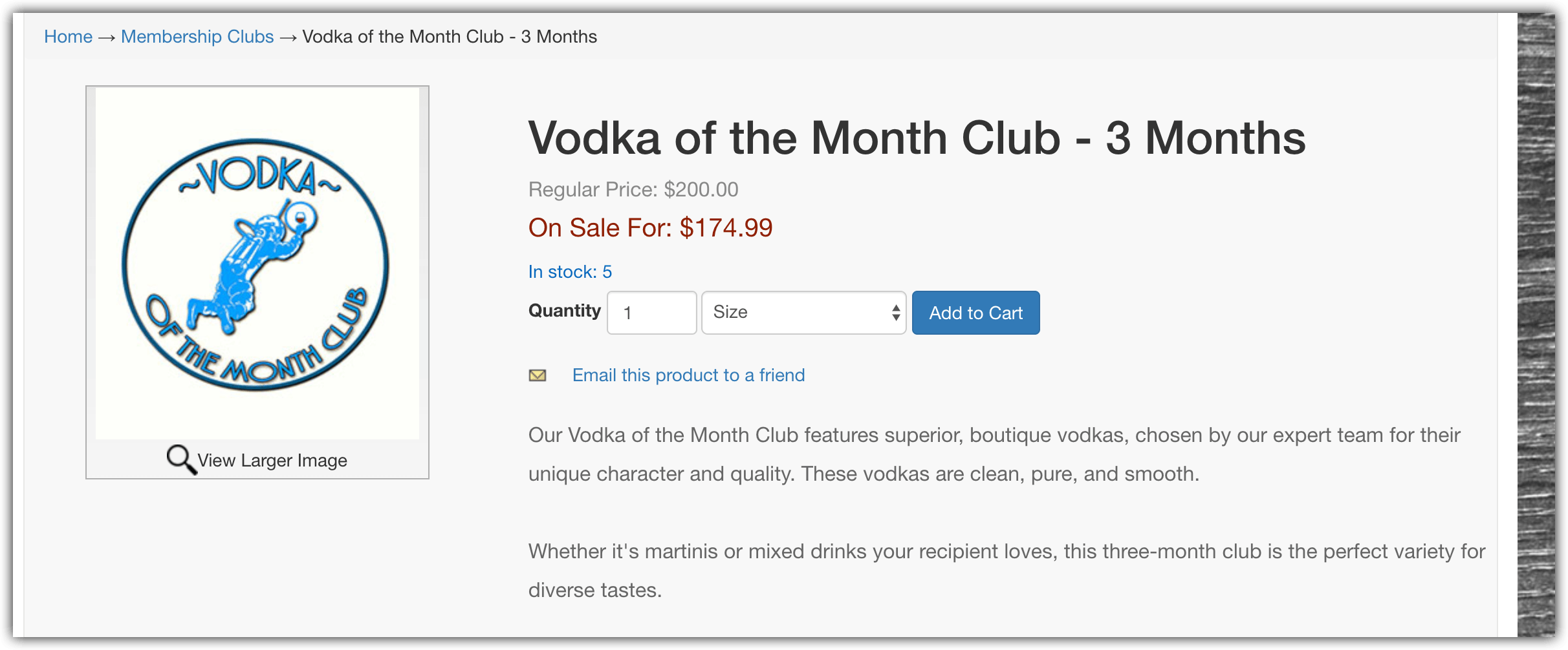 Blue circle with "Vodka of the Month Club" on the inside edge and an astronaut holding a glass of red wine in the center