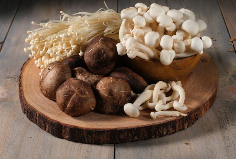 on an aged wooden surface is a round wooden board with different types of mushrooms