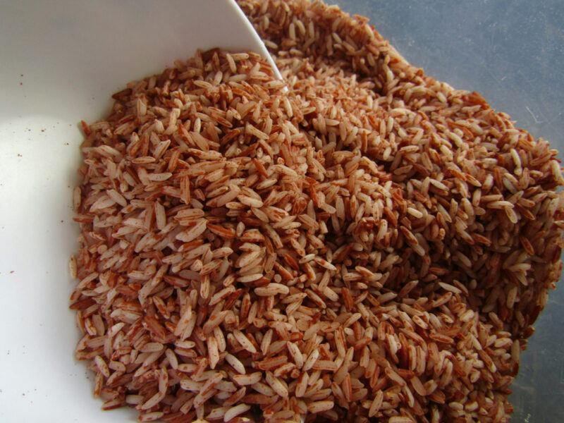 a closeup image of a white container pouring out brown rice, a type of whole grain, on a concrete surface