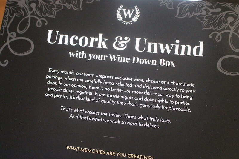 wine down box card insert describing what wine down box is about